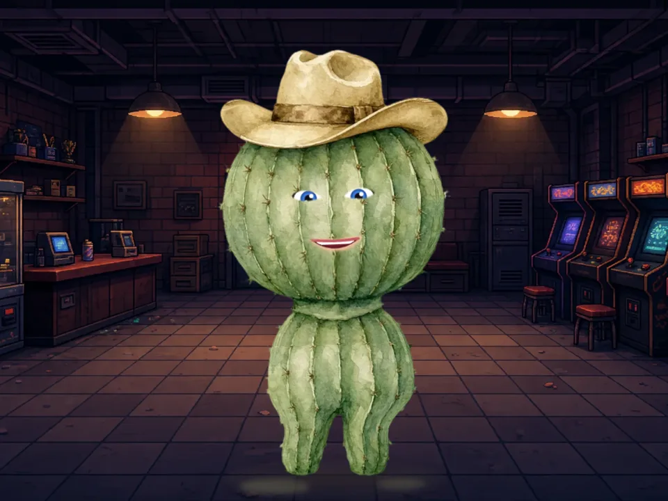 Example: a grumpy watercolor cactus in a cowboy hat, in a pixel-art arcade studio